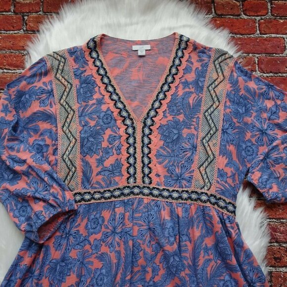 J. Jill Women's Tunic Top Crochet Trim Floral Tie-Back Blouse Boho Oversized XS - Picture 5 of 12